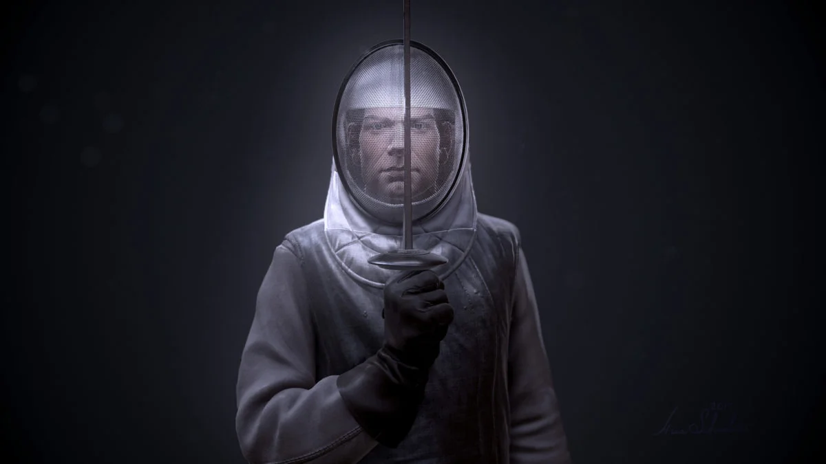 Front view of the ZBrush Fencer WebGL game character by Anna Schmelzer