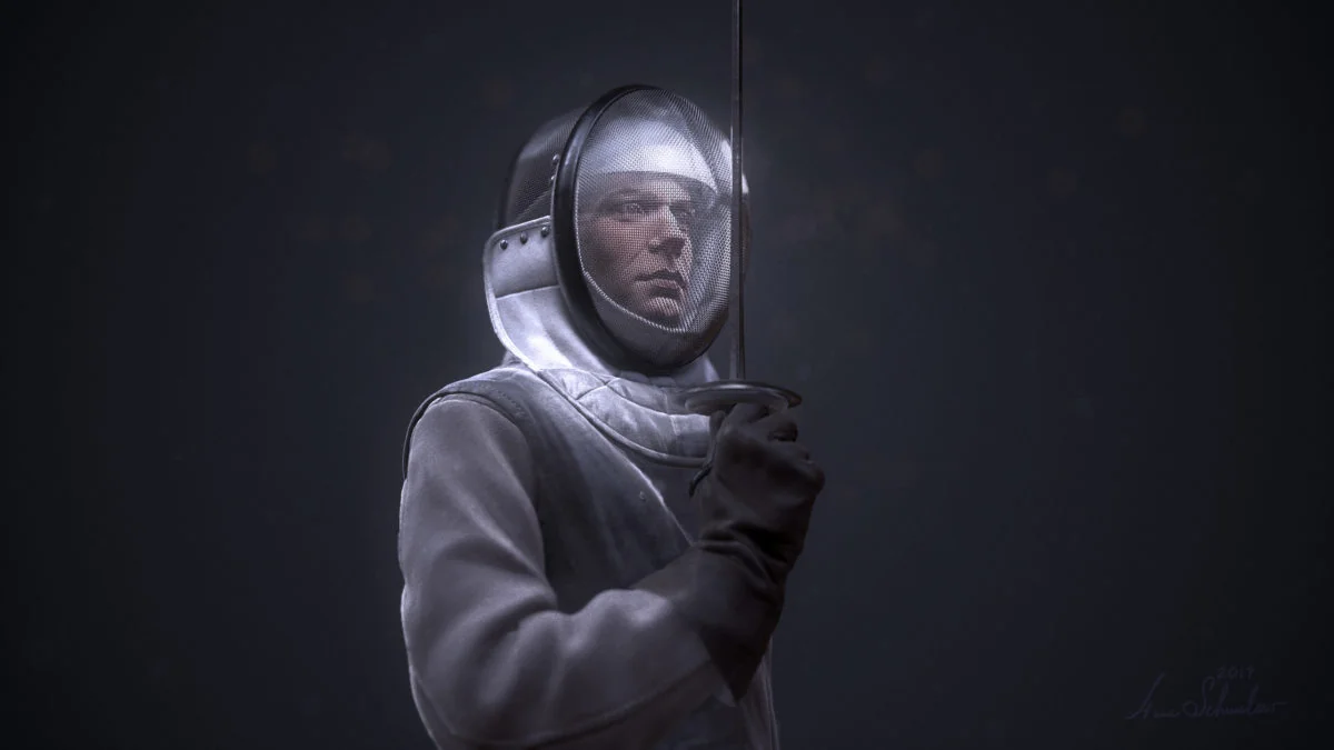 Left-side view of the ZBrush Fencer WebGL character by Anna Schmelzer