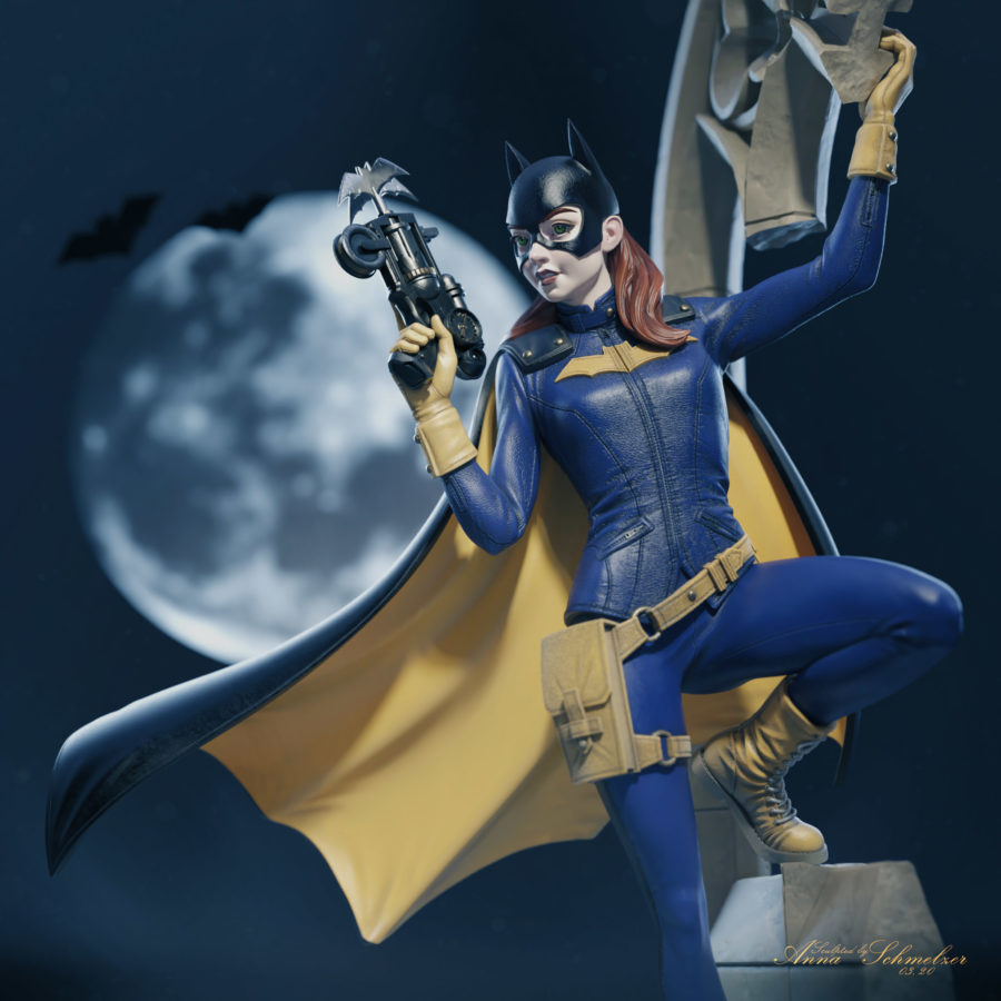 Batgirl closeup hero shot. Gothic wall, Moon background sculpted by Anna Schmelzer in ZBrush | dc fanart | collectibles | 1/16th scale